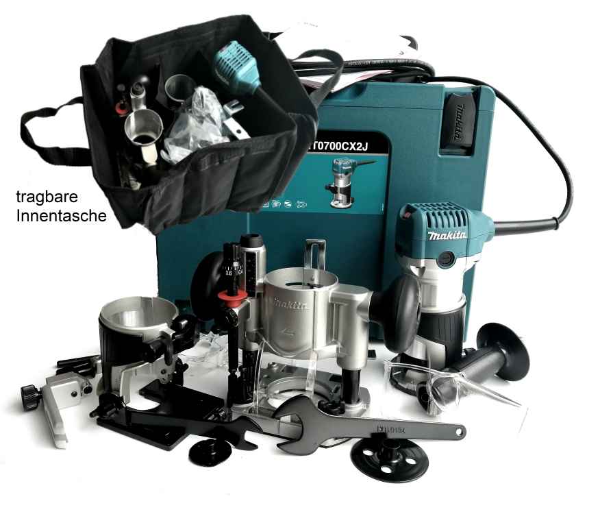 Makita RT0702CX2J Oberfräse, Trimmer, Ober-/Kantenfräsmodule, Innentrageteasche, Makpac, zusätzliches hochwertiges Metabo Hand-Multitool zum Mehrwert!